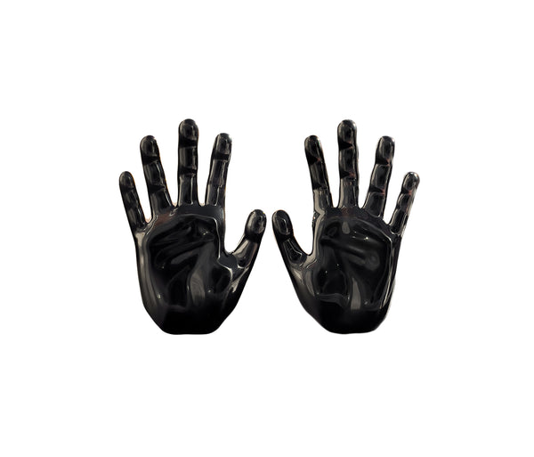 goth jewelry, black enamel coated stud hand earrings with palm facing forward, right and left hand stand next to each other both hand painted in black enamel