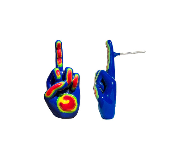 side profile of middle finger stud earring painted in blue, with the fingers painted in as green, orange, yellow, and red. rainbow colored middle finger earring