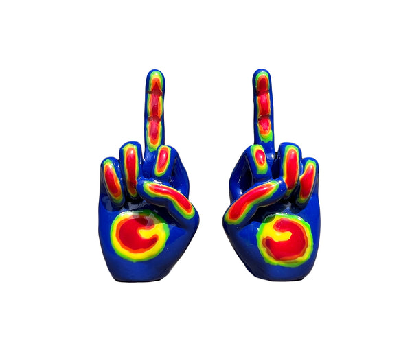both right and left  middle finger stud earrings next to each other , each  painted in blue, with the fingers painted in as green, orange, yellow, and red. rainbow colored middle finger earring